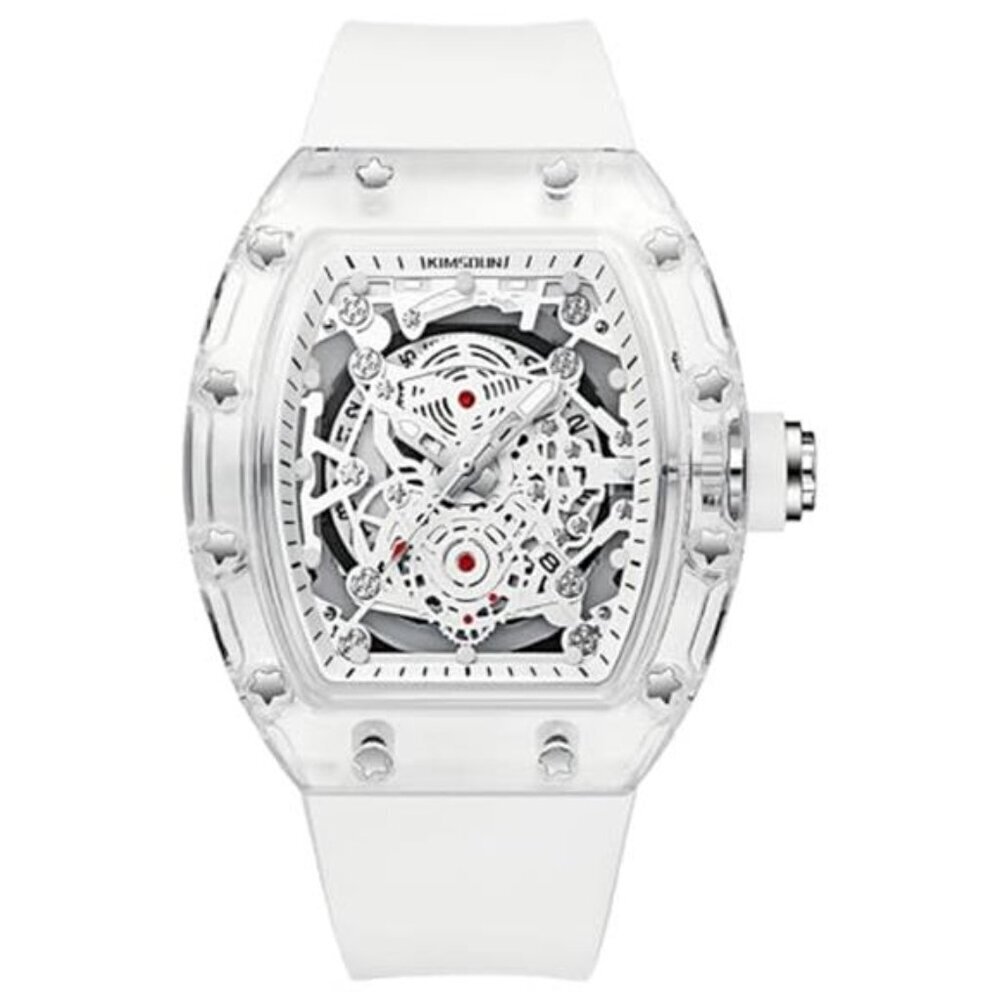 Hollowed Men Watches Tonneau Transparent Analog Display Silicone Strap